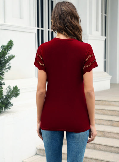 Spliced Lace Round Neck T-shirt