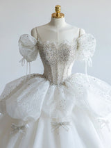 White Tulle Off the Shoulder Beading Wedding Dress