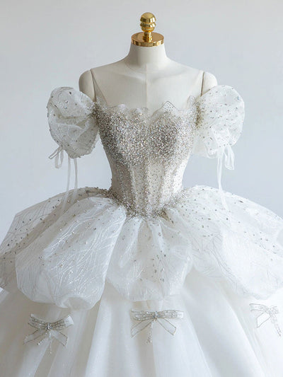 White Tulle Off the Shoulder Beading Wedding Dress