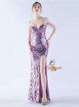 Spaghetti Straps Sequins Beading Split Prom Dress