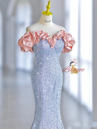 Blue Mermaid Sequins Off the Shoulder Prom Dress