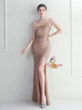 One Shoulder Mermaid Sequins Split Prom Dress