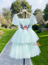 Green Tulle Square Neck Sequins Prom Dress