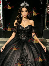Black Tulle Off the Shoulder Appliques Quinceanera Dress