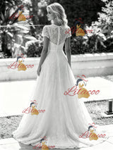 White Lace Short Sleeve Wedding Dress