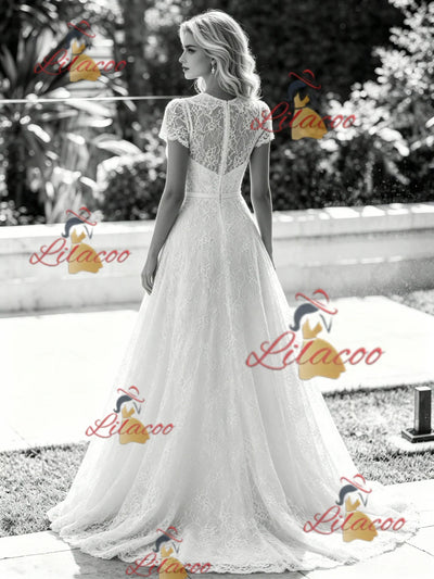 White Lace Short Sleeve Wedding Dress