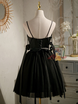 Black Tulle Satin Pearls Homecoming Dress