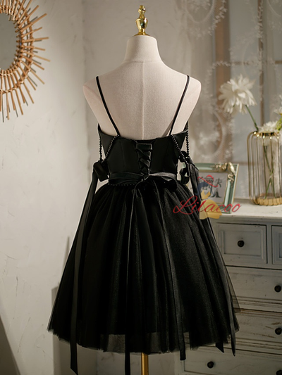 Black Tulle Satin Pearls Homecoming Dress