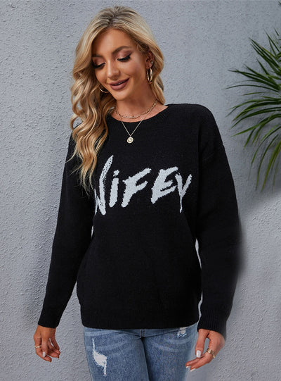 Casual Black Round Neck Letter Sweater