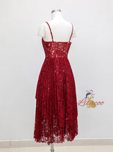 Burgundy Lace Spaghetti Straps Prom Dress
