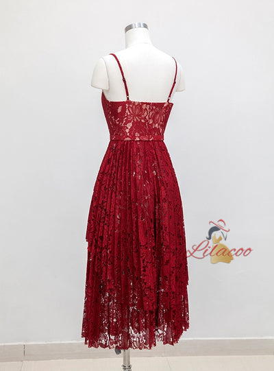 Burgundy Lace Spaghetti Straps Prom Dress