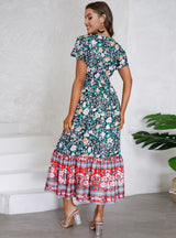 V-neck Lotus Leaf Sleeve Floral Print Long Dress