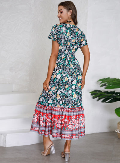 V-neck Lotus Leaf Sleeve Floral Print Long Dress