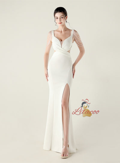 Mermaid Split Straps Pleats Beading Prom Dress