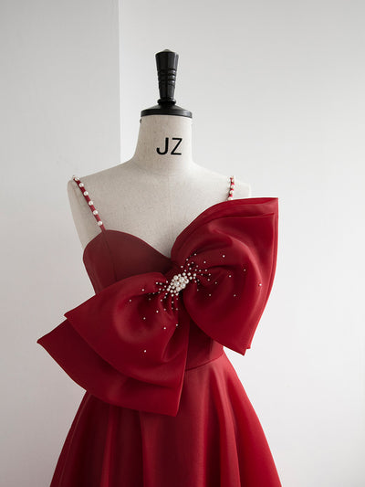 Burgundy Spaghetti Straps Bow Pearls Prom Dress