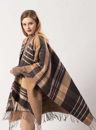 Cashmere-like Warm Shawl with Plaid Tassels