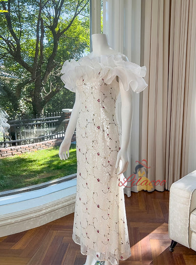 White Sequined Embroidered Fishtail Long Dress