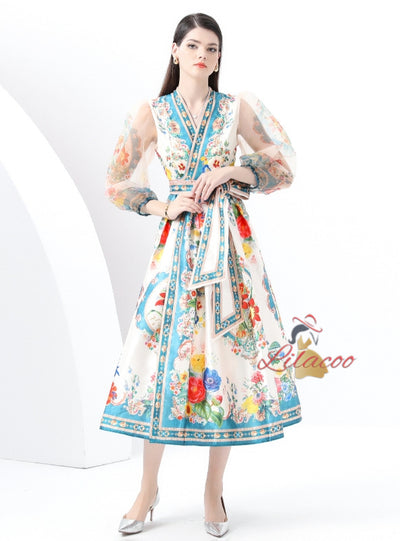 Retro Printed V-neck Bubble Sleeve Dress