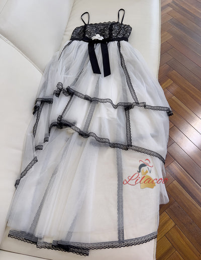 White Tulle Black Lace Straps Prom Dress