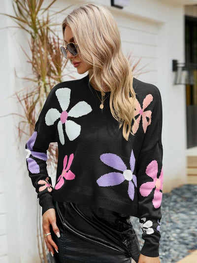 Long Sleeve Round Neck Flower Pullover Loose Sweater