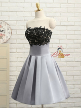 Gray Satin Lace Strapless Homecoming Dress