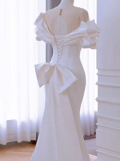 White Mermaid Pleats Bow Wedding Dress