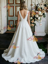 White Satin V-neck Pleats Wedding Dress