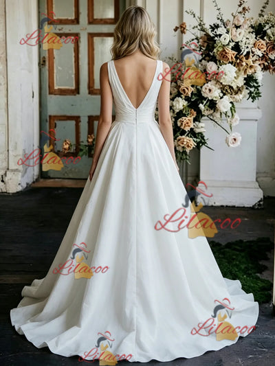 White Satin V-neck Pleats Wedding Dress