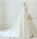 White Ball Gown Satin V-neck Wedding Dress
