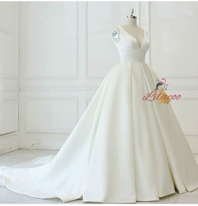 White Ball Gown Satin V-neck Wedding Dress