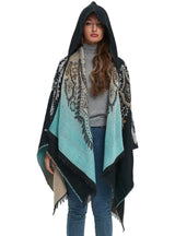 Peacock Jacquard Cashmere-like Hooded Cloak Shawl
