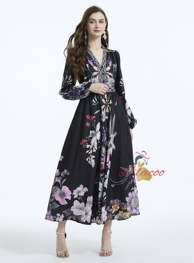 Retro Court Printed V-neck Dress