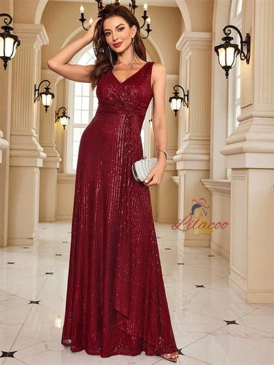 Burgundy Sequins V-neck Prom Dress