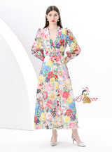 Long Sleeve Lace Floral Print Long Dress