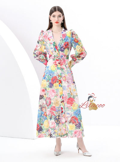 Long Sleeve Lace Floral Print Long Dress