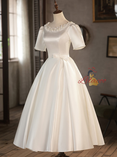 White Satin Lace Short Sleeve Pearls Wedding Dress