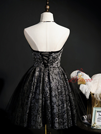 Black Sequins Tulle Strapless Homecoming Dress