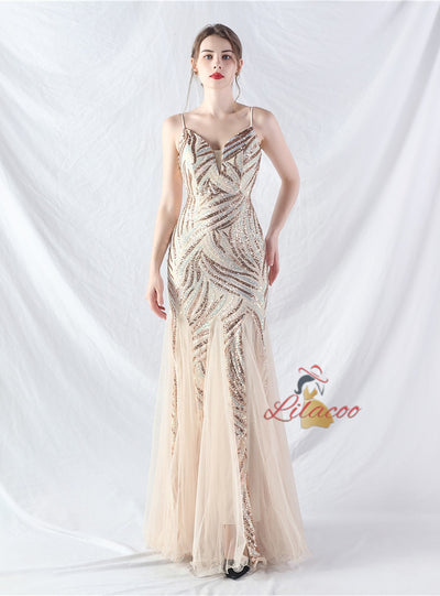 Mermaid Tulle Sequins Straps Prom Dress