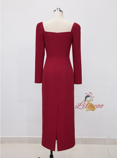 Burgundy Long Sleeve Crystal Prom Dress