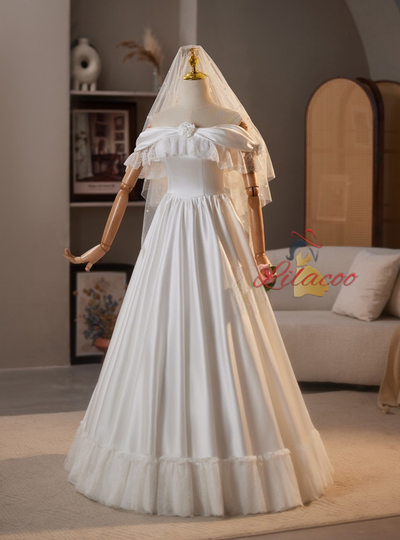 Simple White Lace Satin Off the Shoulder Wedding Dress