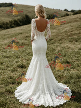 White Mermaid Lace 3/4 Sleeve Wedding Dress