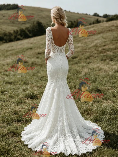 White Mermaid Lace 3/4 Sleeve Wedding Dress