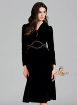 Long Sleeve Chain Beaded Velvet Dress