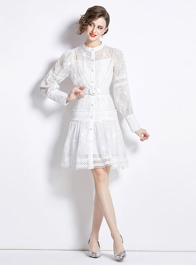 Retro Palace Lantern Sleeve Crocheted Dress