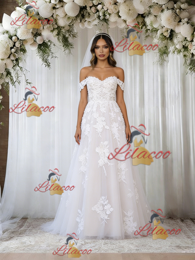 White Tulle Off the Shoulder Lace Wedding Dress