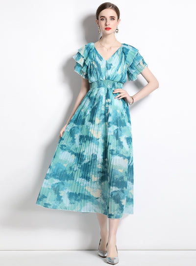 Flying Sleeve V-neck Pleated Holiday Dress