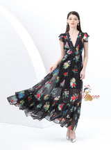 Retro Deep V-neck Floral Long Dress