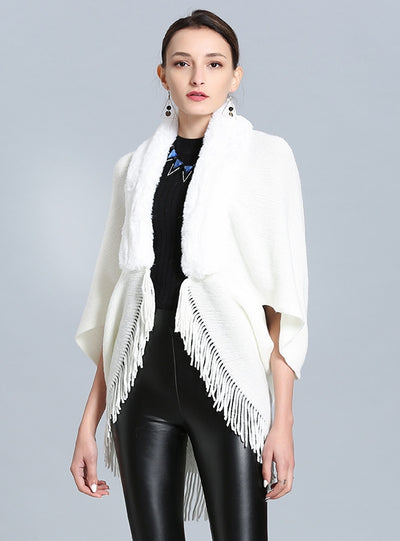 Fringed Cashmere-like Knitted Cardigan Shawl