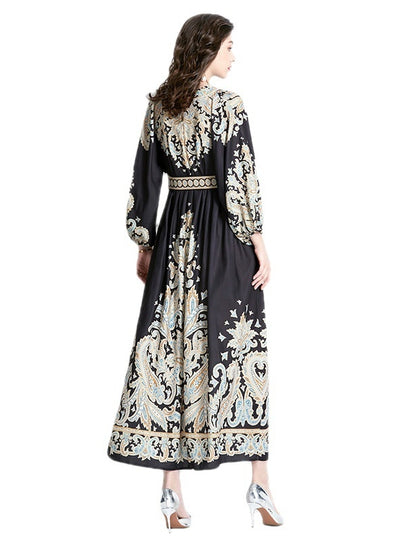 Long Sleeve V-neck Printed Long Dress