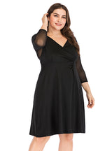 V-neck Solid Color Mesh Stitching Dress